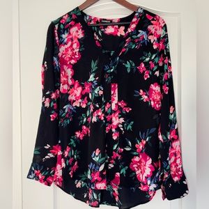 Express Portofino Pullover Floral Blouse Top Neon Pink Black